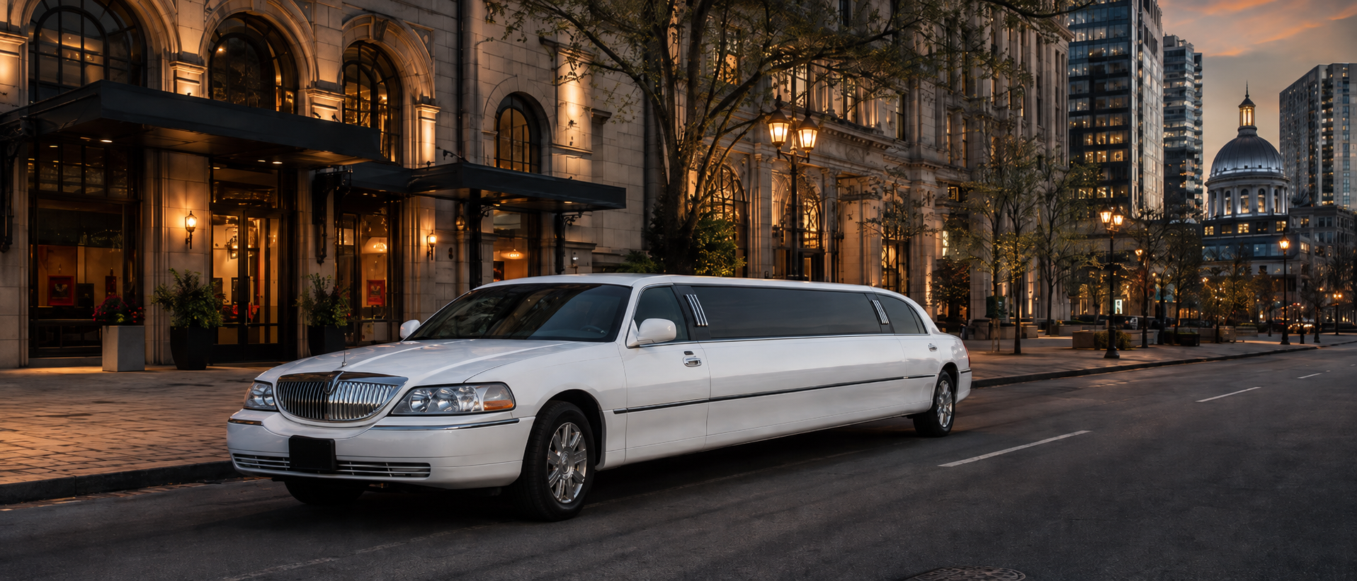 Limousine Lincoln Town Car blanche LIMOSTAR devant un hôtel